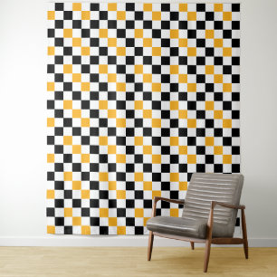 Gelb Schwarz Weiß Karomuster Design Wandteppich