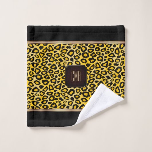 Gelb-schwarzes Leopardenmuster mit Monogramm Badhandtuch Set (Waschlappen)