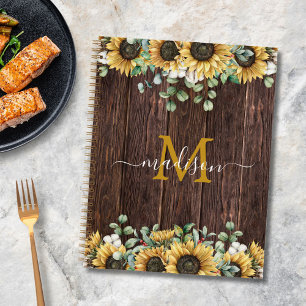 Gelb Sonnenblume Braun Holz Rezeptbuch mit Monogra Notizblock