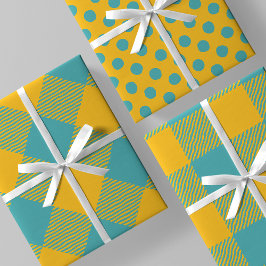 Gelb & Türkis gewellte Buffalo-Karo & Polka-Punkte Geschenkpapier Set