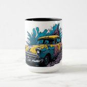 Gelb & Türkis Oldtimer-Farbspritzer-Auto Tasse (Zentrum)