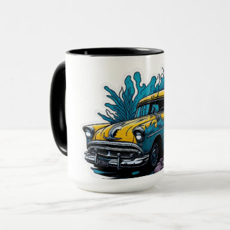 Gelb & Türkis Oldtimer-Farbspritzer-Auto Tasse