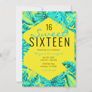 Gelb & Türkis Tropische Palmenblätter Sweet 16 Einladung