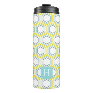 Gelb- und Aqua-Geometrisches Muster und Monogramm Thermosbecher