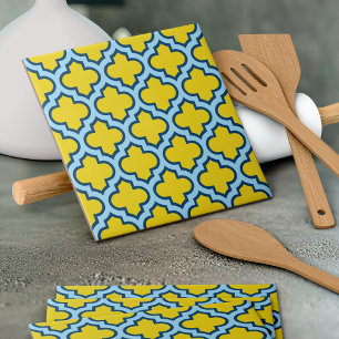 Gelb und Baby Blue Trellis, Gitter, Quatrefolie Fliese