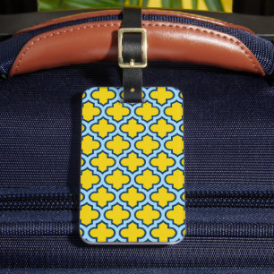 Gelb und Baby Blue Trellis, Gitter, Quatrefolie Gepäckanhänger