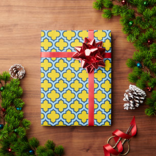 Gelb und Baby Blue Trellis, Gitter, Quatrefolie Geschenkpapier