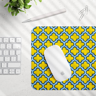 Gelb und Baby Blue Trellis, Gitter, Quatrefolie Mousepad