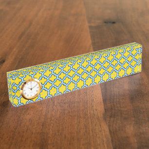 Gelb und Baby Blue Trellis, Gitter, Quatrefolie Namensplakette