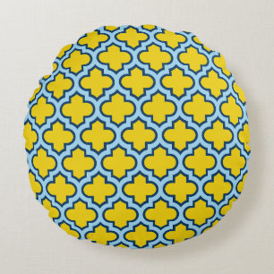 Gelb und Baby Blue Trellis, Gitter, Quatrefolie Rundes Kissen