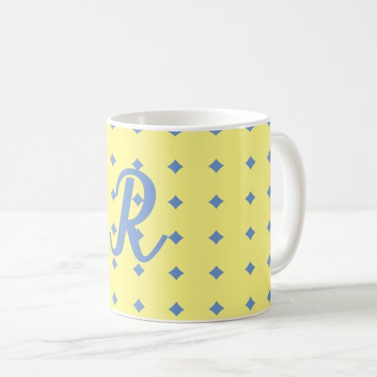 gelb und blau, hübsches Muster, monogramm Tasse (VorderseiteRechts)