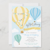 Gelb und Blauer Heißluftballon Einladung zum Gebur (Vorderseite)