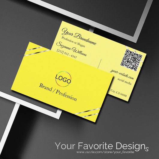 Gelb und Creme mit Silberlinien Logo QR Code Visitenkarte
