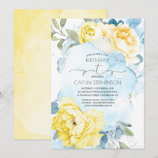 Gelb und dunkelblauer Blumengeburtstag Einladung