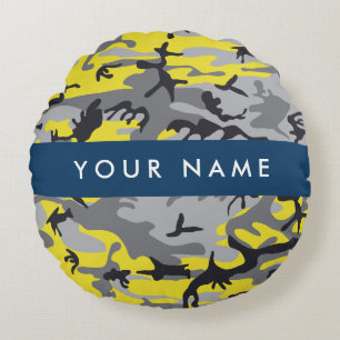 Gelb und Grau Camouflage Ihr Name personalisieren Rundes Kissen