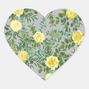 Gelb und grau Vintag Elegante Blumenhochzeit Herz-Aufkleber