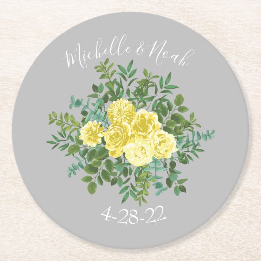 Gelb und grau Vintag Elegante Blumenhochzeit Runder Pappuntersetzer (Vorderseite)
