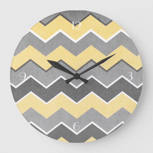 Gelb und Grau Zig Zag Muster Große Wanduhr (Vorderseite)