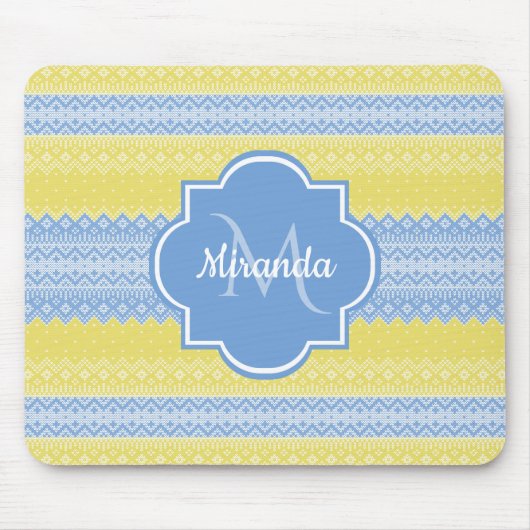 Gelb- und hellblauer Strick mit Monogramm Mousepad (Vorne)