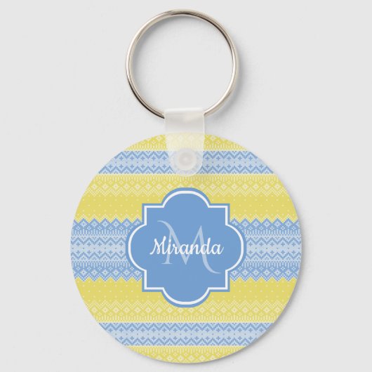 Gelb- und hellblauer Strick mit Monogramm Schlüsselanhänger (Vorderseite)