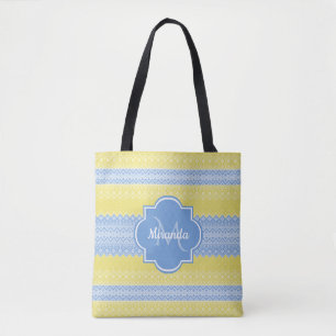Gelb- und hellblauer Strick mit Monogramm Tasche