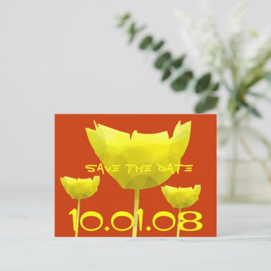 Gelb und Korallen Save the Date Mohn Ankündigungspostkarte (Stehend Vorderseite)