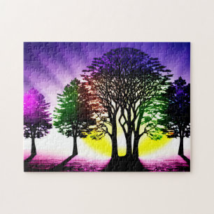 Gelb und Lila Sonnenuntergang mit silberfarbenen B Puzzle