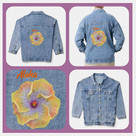 Gelb und Lilac tropischer Hibiskus Hawaiian Aloha Jeansjacke