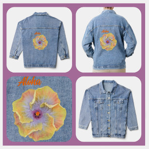 Gelb und Lilac tropischer Hibiskus Hawaiian Aloha Jeansjacke