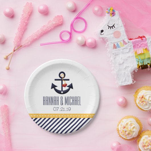 Gelb-und Marine-Blau-Seeanker-Hochzeit Pappteller (Party)