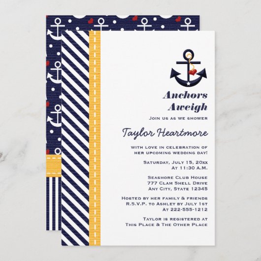 Gelb und Marine-SeeBrautparty-Einladungen Einladung (Vorne/Hinten)