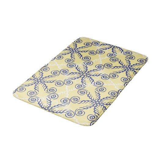 Gelb und Navy Blue Scrollwork Muster Bath Mat Badematte (Schrägansicht)
