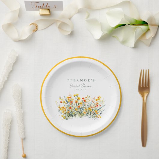 Gelb- und Orangengrasen-Wildblumen-Brautparty Pappteller (Hochzeit)