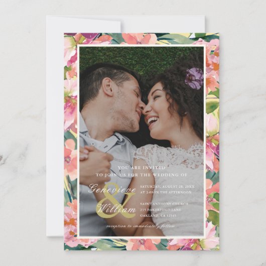 Gelb und Rosa mit Pfirsichblütenhochzeit Foto Einladung (Vorderseite)