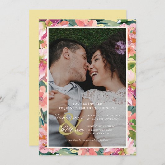 Gelb und Rosa mit Pfirsichblütenhochzeit Foto Einladung (Vorne/Hinten)