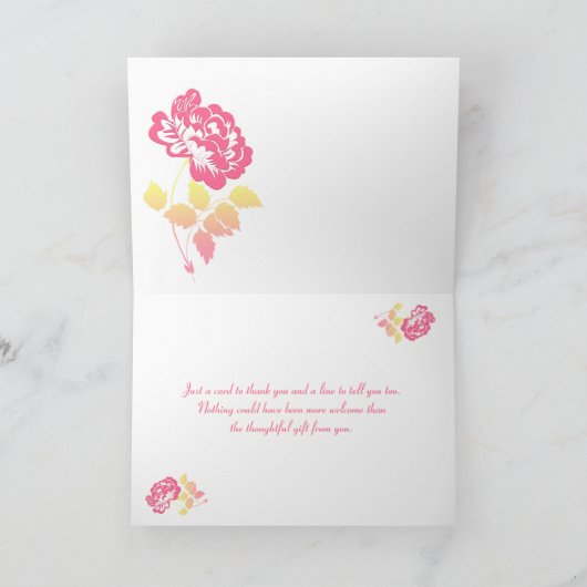 Gelb und rosa Peony auf Weiß Danke Karte (Innenseite)
