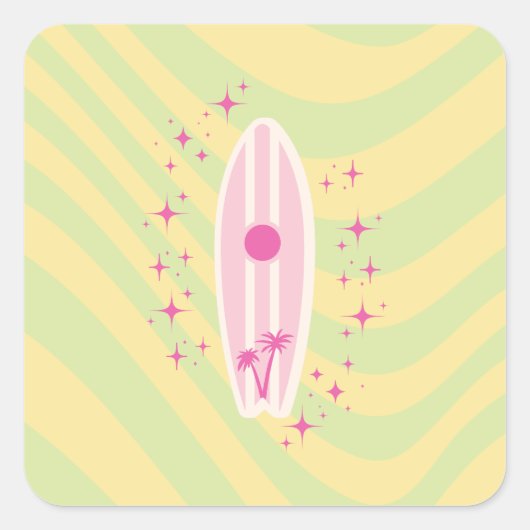 Gelb und rosa Surfboard, Beach Art, Preppy Quadratischer Aufkleber (Vorderseite)