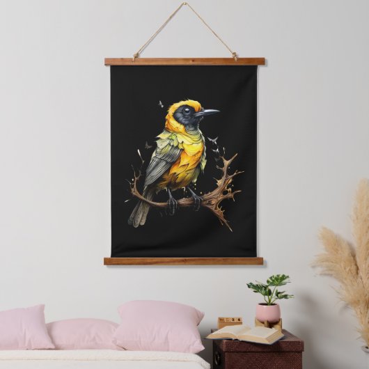 Gelb und Schwarz Abstrakt Prairie Warbler Wandteppich Mit Holzrahmen (Schlafzimmer)