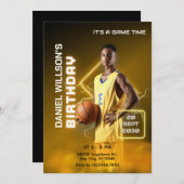 Gelb und schwarz - Modernes Basketball Foto Geburt Einladung (Vorne/Hinten)