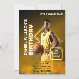Gelb und schwarz - Modernes Basketball Foto Geburt Einladung