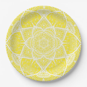 Gelb und Weiß Mandala - Loergano in Lemon Pappteller