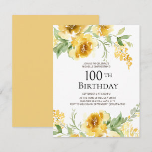 Gelb Wasserfarbe Blumen Grünzeug 100. Geburtstag Einladung