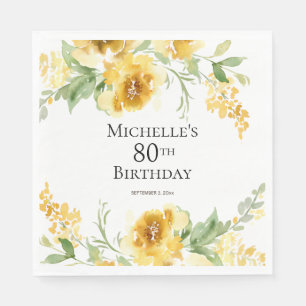 Gelb Wasserfarbe Blumen Grünzeug 80. Geburtstag Serviette