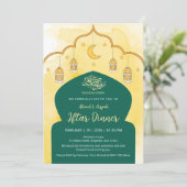 Gelb-Wasserfarbe und grüner Bogen Iftar-Einladung Einladung (Stehend Vorderseite)