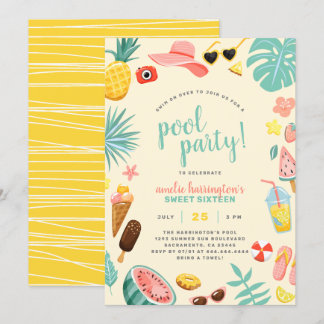 Gelb | Wassermelone Ananas Tropical Pool Party Einladung