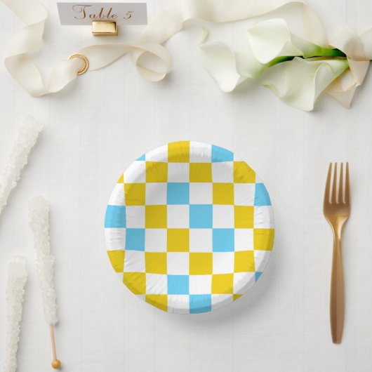 Gelb Weiß Blau Kariertes Design  Pappteller (Hochzeit)