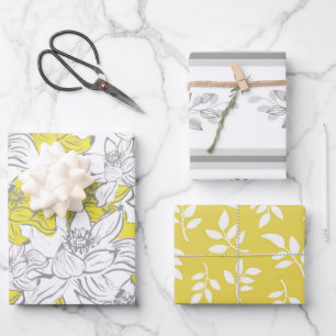 Gelb Weiß Grau Floral Geburtstag Braut Hochzeitsdu Geschenkpapier Set