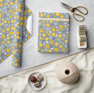 Gelb   weiß   graues Blumenpapier Geschenkpapier