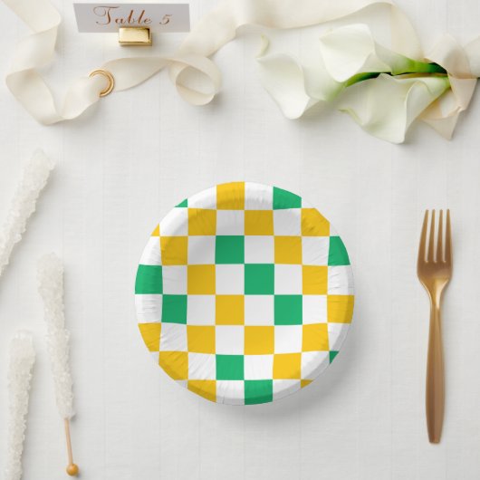Gelb Weiß Grün Kariertes Design Pappteller (Hochzeit)