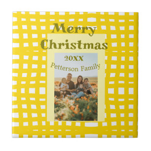 Gelb weiß kariert Retro-Weihnachts-Familie Fliese